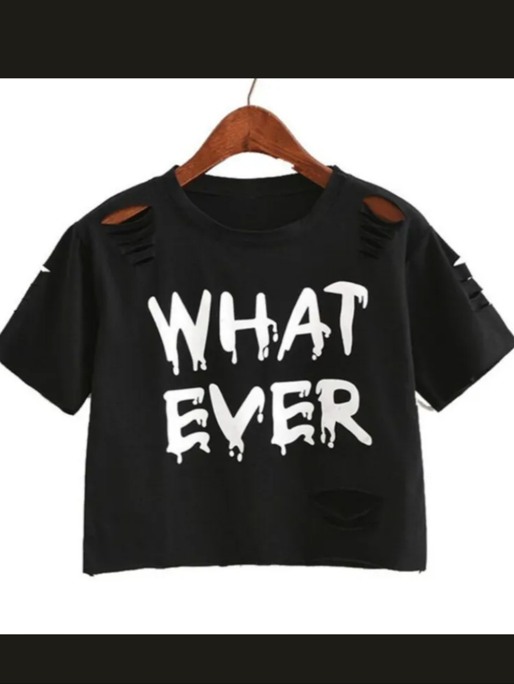 Sassy Pre-distressed RomWe WHATEVER Black Oversized Crop Top Sz L